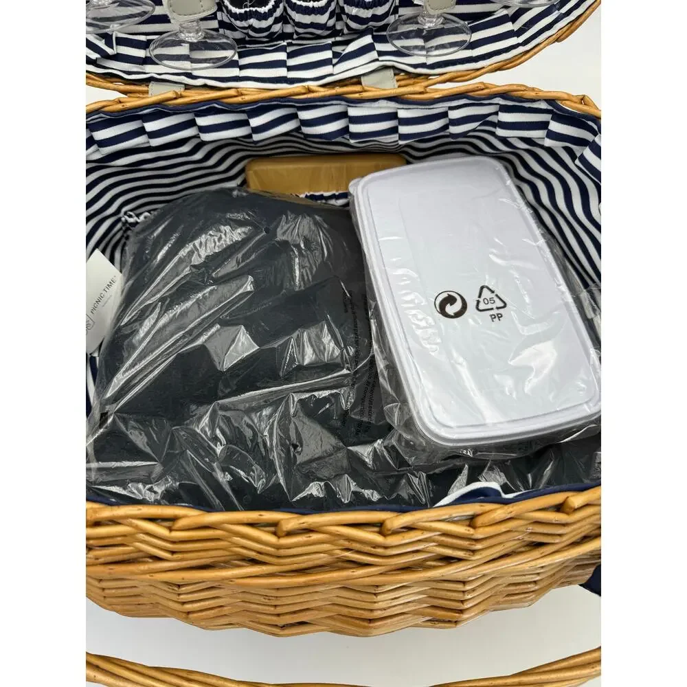 Wicker Picnic Basket with Handle and Navy Accent